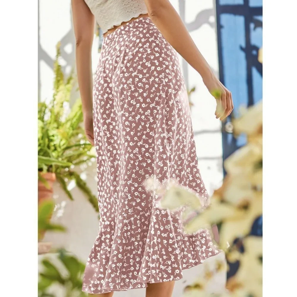 Ditsy Floral Print Ruffle Trim Knot Side Skirt dusty Pink - Picture 2 of 7